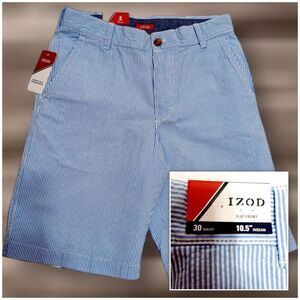 Izod Sandy Bay Seersucker Men's Size 30 Flat Front Blue Stripe Shorts